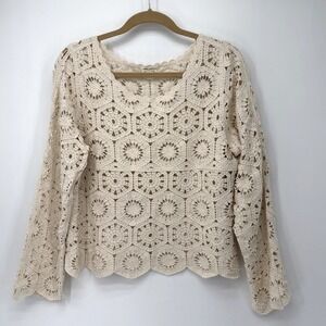 Ultra Pink Crochet Top Large Cream Babydoll Mesh Fairy Festival Boho